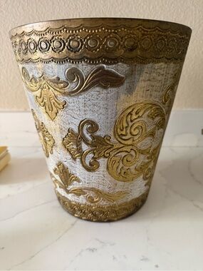 Vintage Italian Gilt Gold and White Embossed Waste Basket